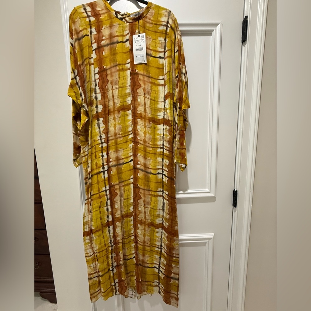 Zara Yellow and Brown Patterned Long Sleeve Dress